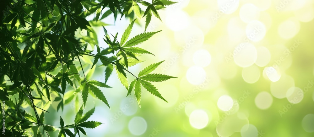 Sunlit Green Hemp Leaves with Bokeh Background and Ample Negative Space for Text Overlay in Soft Natural Light Environment Sunlit Green Hemp Leaves with Bokeh Background and Ample Negative Space for Text Overlay in Soft Natural Light Environment