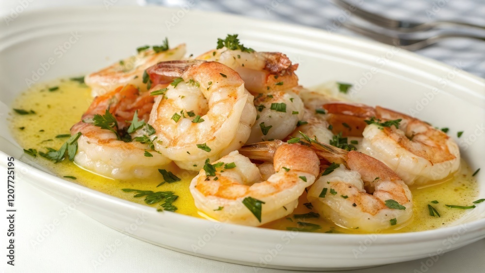A plate of cooked shrimps served in a shallow bowl-shaped dish topped with a light yellow lemon sauce and chopped parsley leaves, meal, shrimp, fish, garnish, restaurant