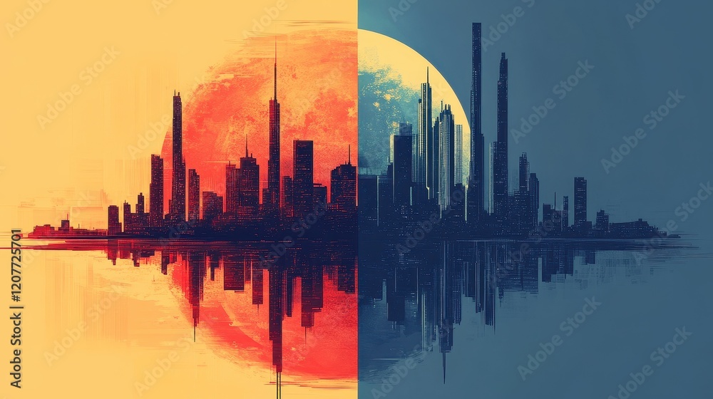 Fototapeta premium Progress in flat design side view futuristic city theme water color split-complementary color scheme 