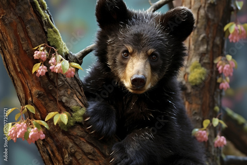 brown bear cub on a flowering tree,.Generative AI photo