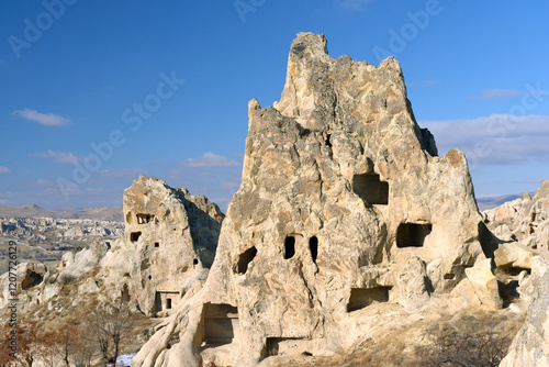 Eroded volcanic tuff early Christian nunnery troglodyte cave dwelling in Goreme Open Air Museum National Park, Cappadocia Turkey
