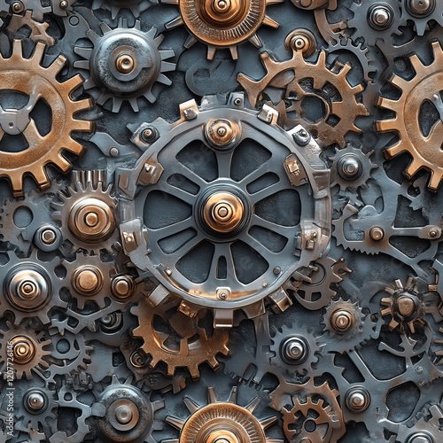 Seamless Pattern - Intricate clockwork gears, metallic texture.