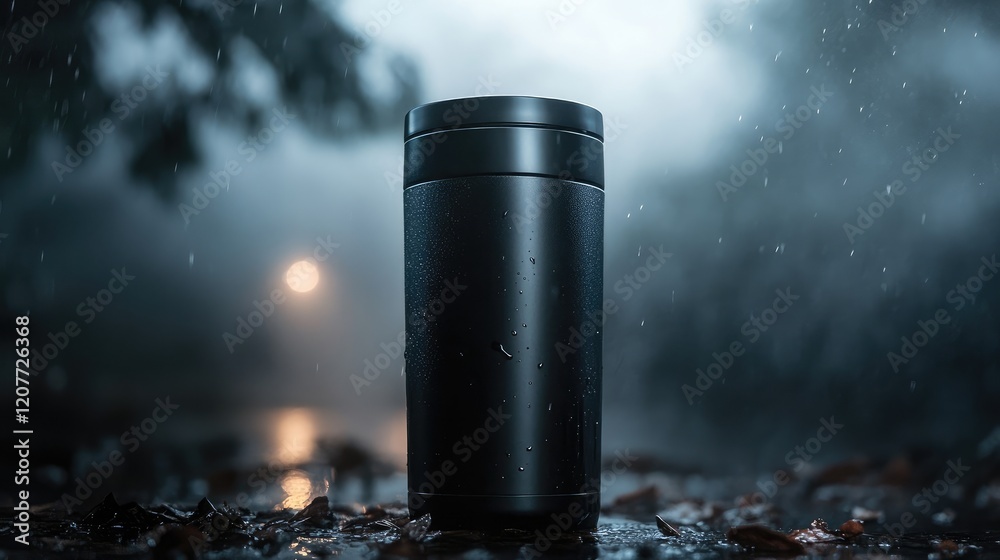 Black insulated travel mug with flashlight on a foggy background featuring raindrops and soft illuminated streetlight ambiance Black insulated travel mug with flashlight on a foggy background featuring raindrops and soft illuminated streetlight ambiance