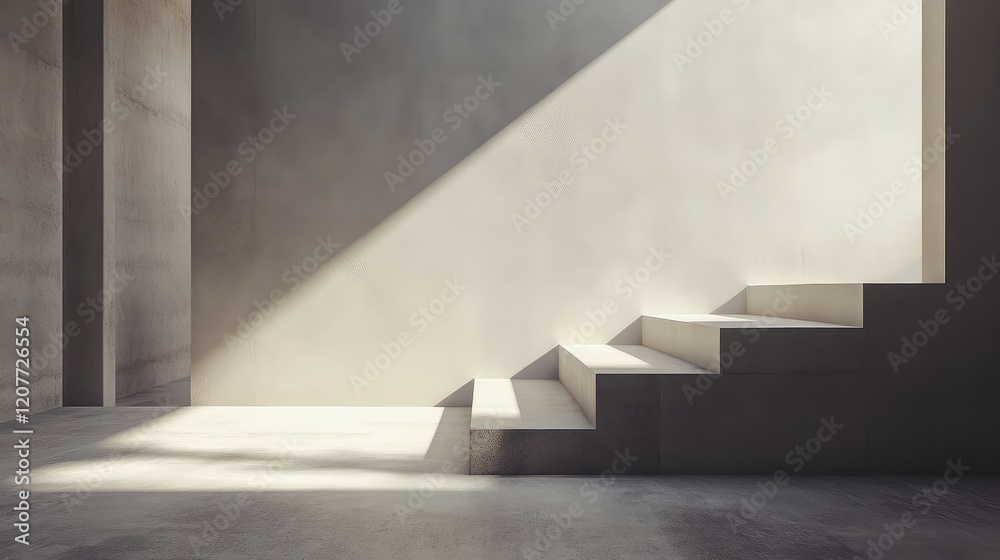 Naklejka premium Minimalist interior with sleek concrete walls, soft natural light casting sharp shadows on elegant staircase, neutral tones, modern architectural design.