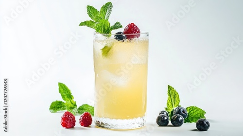 Refreshing homemade elderflower lemonade with vibrant berries and fresh mint on a clean white background, perfect for summer beverages.