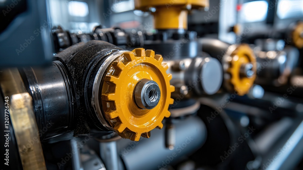 Close view of a complex industrial machinery with yellow gears and black pipes in a factory Close view of a complex industrial machinery with yellow gears and black pipes in a factory