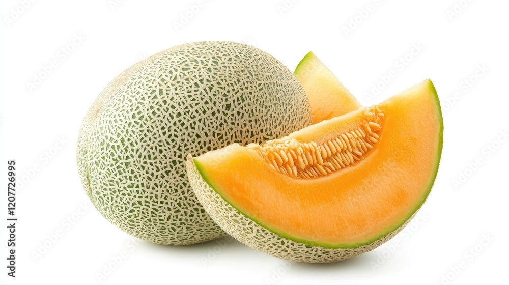 Fresh cantaloupe melon with sliced section showcasing vibrant orange flesh on white background Fresh cantaloupe melon with sliced section showcasing vibrant orange flesh on white background