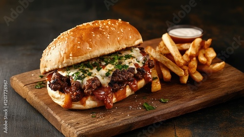 Mouthwatering greasy burger with grilled beef and melted cheese served on a wooden board alongside crispy fries for tempting food promotion.
