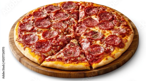 Freshly Baked Salami and Tomato Pizza on Wooden Cutting Board with White Background, Close-Up View of Delicious Italian Cuisine
