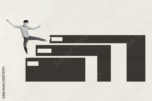 3D photo collage template trend artwork sketch of object geometry mass figure element platform ladder young guy walk step leg balance photo