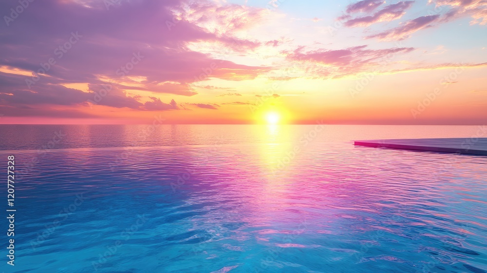 Obraz premium Rooftop Infinity Pool Overlooking Calm Ocean during Vibrant Sunset with Colorful Sky Reflections and Smooth Water Surface