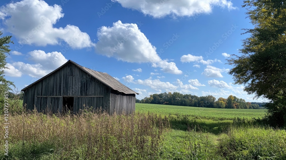 Scenic rural landscape featuring a weathered wooden barn under a blue sky with fluffy clouds and lush green fields in the background Scenic rural landscape featuring a weathered wooden barn under a blue sky with fluffy clouds and lush green fields in the background