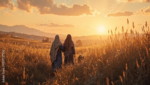 Naomi and Ruth walking in Bethlehem fields at dusk embarking on a new life in Israel
