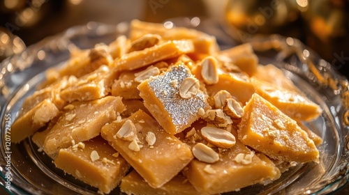 Delicious diamond-shaped burfee slices topped with silver leaf and cashew nuts served on a glass plate with selective focus on sweets photo
