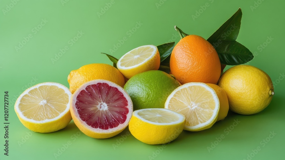 Fresh Citrus Fruits Arrangement on Vibrant Green Background with Yellow Lemons, Orange, Blood Orange, and Lime Slices for Refreshing Summer Beverage Fresh Citrus Fruits Arrangement on Vibrant Green Background with Yellow Lemons, Orange, Blood Orange, and Lime Slices for Refreshing Summer Beverage