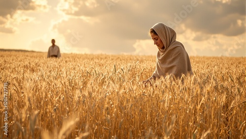Ruth gleaning in golden wheat field shrouded in shawl observed kindly by Boaz