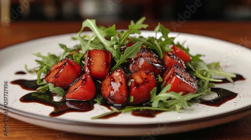 Fresh arugula salad with ripe tomatoes and balsamic dressing prepared in a ru...