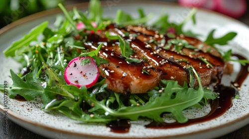 Fresh arugula salad with ripe tomatoes and balsamic dressing prepared in a ru...