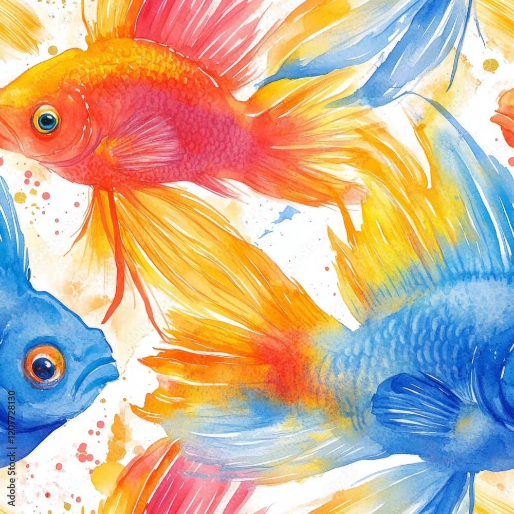 Fototapeta premium Seamless Pattern - Vibrant watercolor painting of colorful fish.