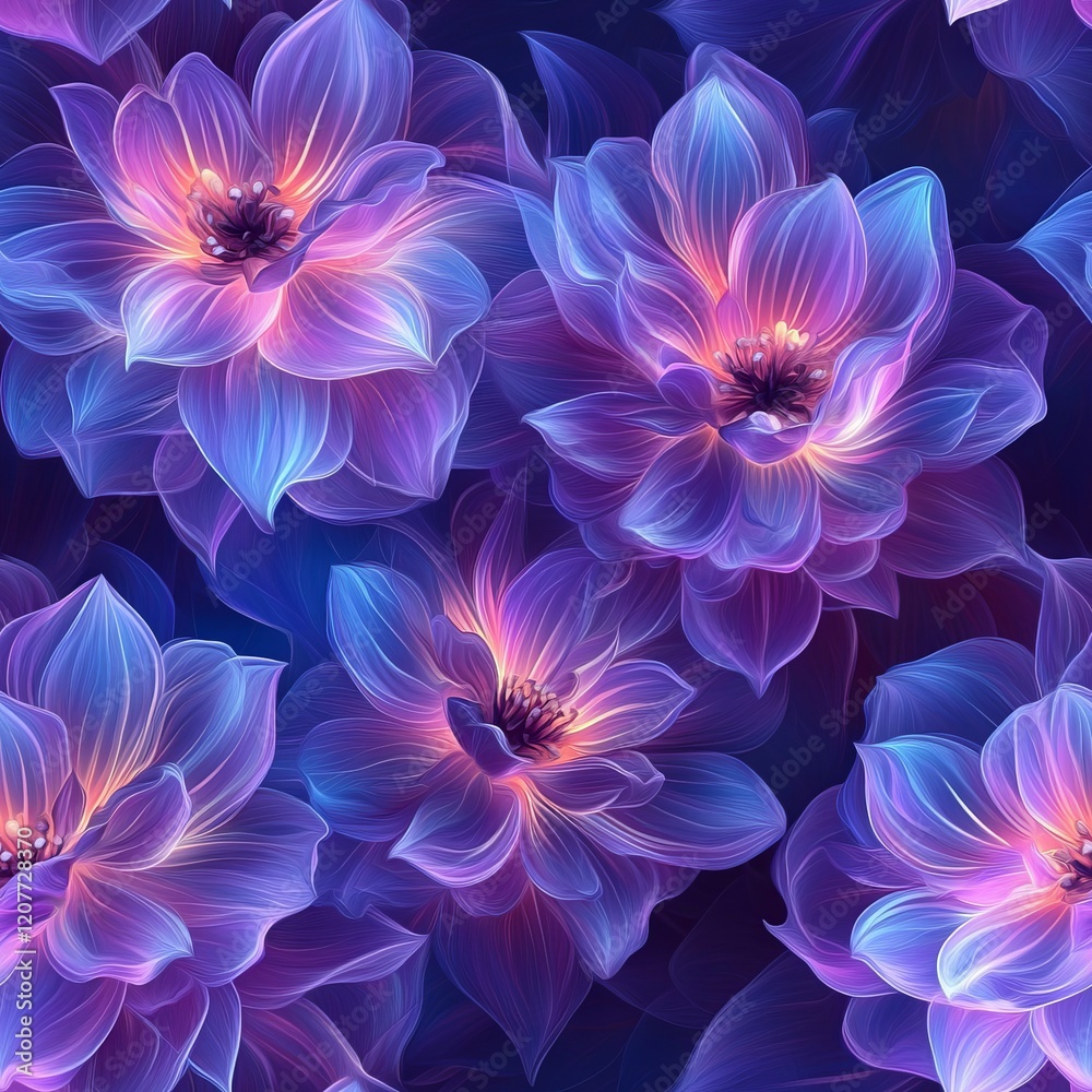 Seamless Pattern - Glowing purple and blue flowers, abstract floral art. Seamless Pattern - Glowing purple and blue flowers, abstract floral art.