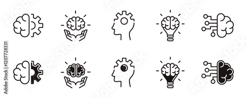 brainstorm icon line set cognition brain thinking creative idea intelligence signs vector outline illustration for web and app