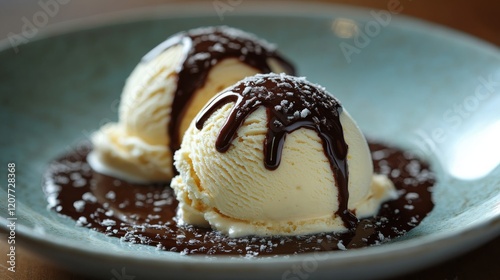 Creamy vanilla ice cream topped with chocolate sauce and shaved chocolate in ...