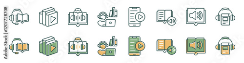 listening audio book education icon set online learning play media podcast listening with earphone signs vector illustration