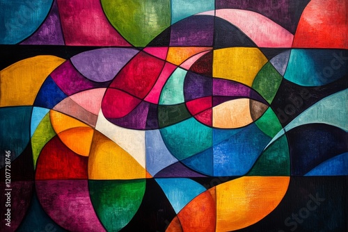 Vibrant abstract artwork featuring bold colors and geometric shapes with a dy...