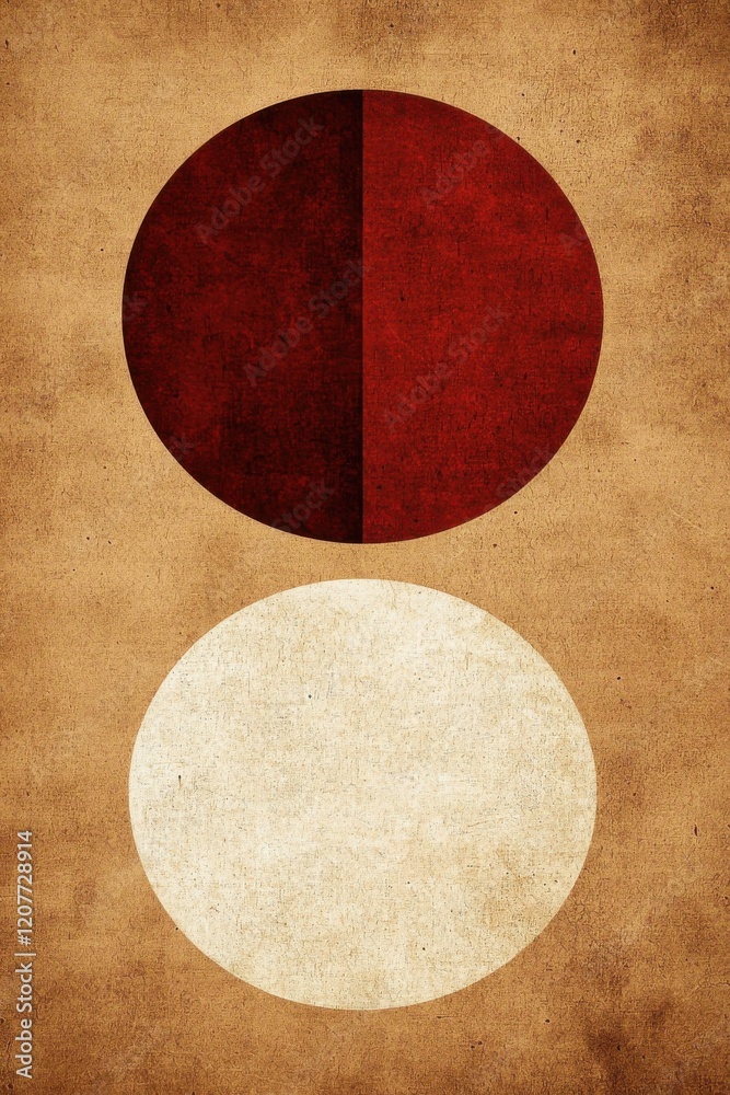 Abstract design featuring two circles: a dark red one on top and a light beige one below, set against a textured, earthy background. Abstract design featuring two circles: a dark red one on top and a light beige one below, set against a textured, earthy background.