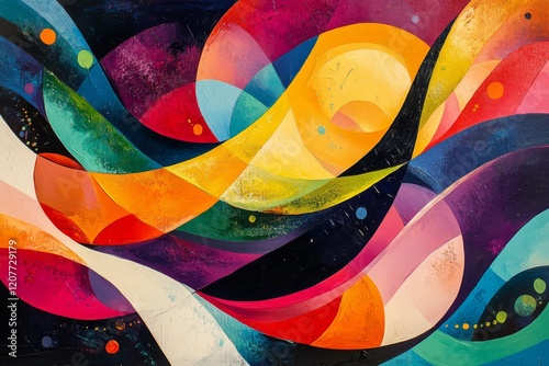 Vibrant abstract artwork featuring bold colors and geometric shapes with a dy...