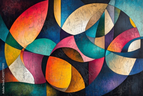 Vibrant abstract artwork featuring bold colors and geometric shapes with a dy...