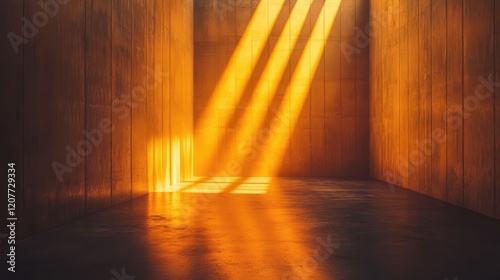 Warm Sunlit Minimalist Interior with Geometric Concrete Walls and Golden Light Beams Casting Soft Shadows on Smooth Floor Texture