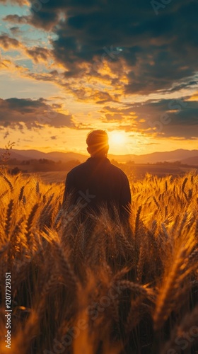 Farmer inspecting wheat crop during sunset in a golden field