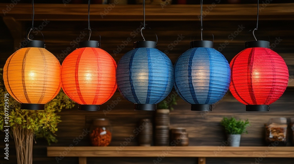 Fototapeta premium Vibrant Hanging Paper Lanterns illuminating a rustic setting