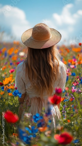 Woman in a straw hat enjoying a colorful flower field on a sunny day