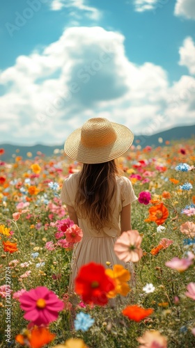 Woman in a straw hat enjoying a colorful flower field on a sunny day