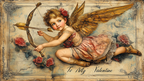 Vintage Valentine’s Day Cupid with Roses and Bow