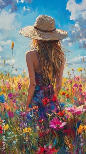 Woman in a straw hat enjoying a colorful flower field on a sunny day