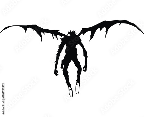 Silhouette of a demonic figure with large wings.