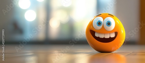 Cheerful orange smiling emoticon with exaggerated facial features on wooden floor against blurred bright interior background with space for text photo