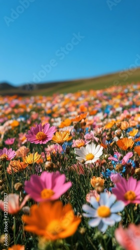 Vibrant wildflower field blooming under clear blue sky in bright sunlight