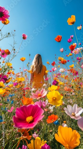 Vibrant wildflower field blooming under clear blue sky in bright sunlight