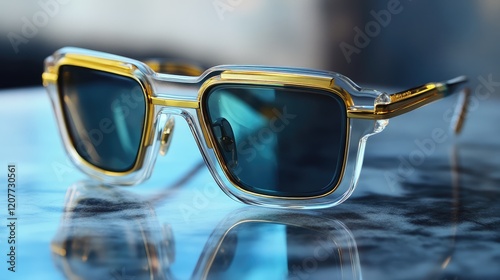 Luxury sunglasses with gold accents and reflective blue lenses displayed on a marble surface, close-up view, capturing intricate details and colors. photo