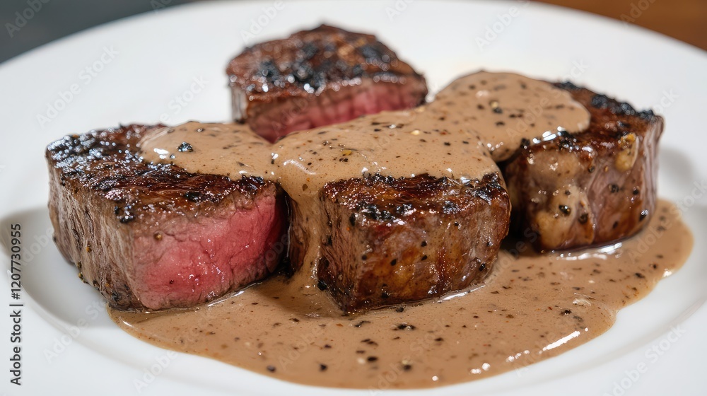 Grilled Steak Fillets Topped with Creamy Pepper Sauce on White Plate, Enhanced by Rich Brown and Pink Hues Grilled Steak Fillets Topped with Creamy Pepper Sauce on White Plate, Enhanced by Rich Brown and Pink Hues