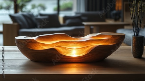 Elegant glass sculpture with fluid design illuminating warm light in an art g...