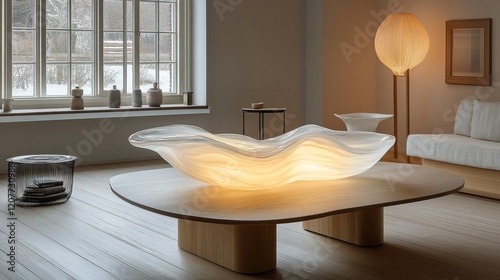 Elegant glass sculpture with fluid design illuminating warm light in an art g...