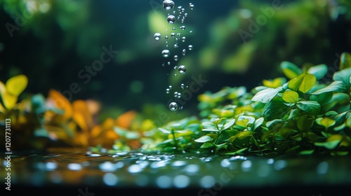 Golden fish swimming among bubbles in a lush aquarium environment