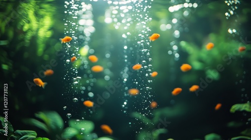 Golden fish swimming among bubbles in a lush aquarium environment