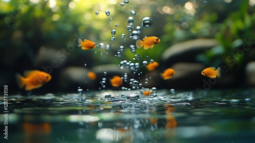 Golden fish swimming among bubbles in a lush aquarium environment