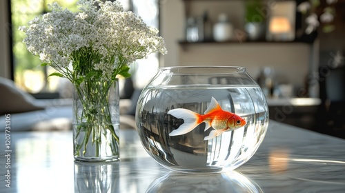 Goldfish swims gracefully in a round glass bowl filled with clear water on a ...